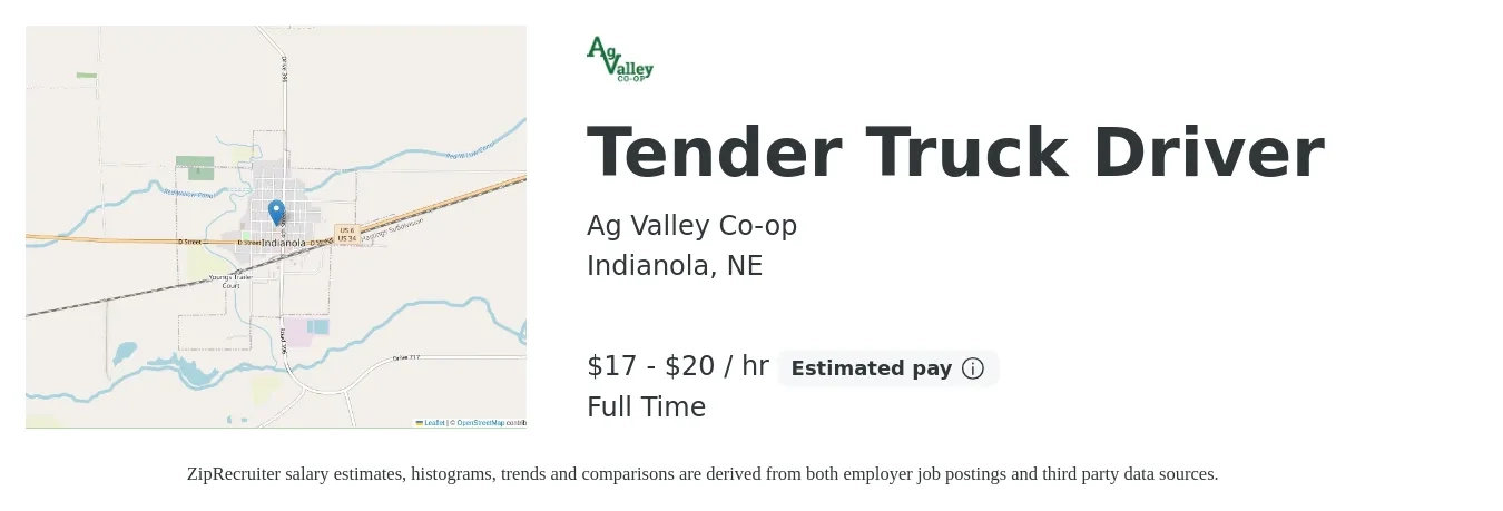 Ag Valley Co-op job posting for a Tender Truck Driver in Indianola, NE with a salary of $18 to $21 Hourly with a map of Indianola location.