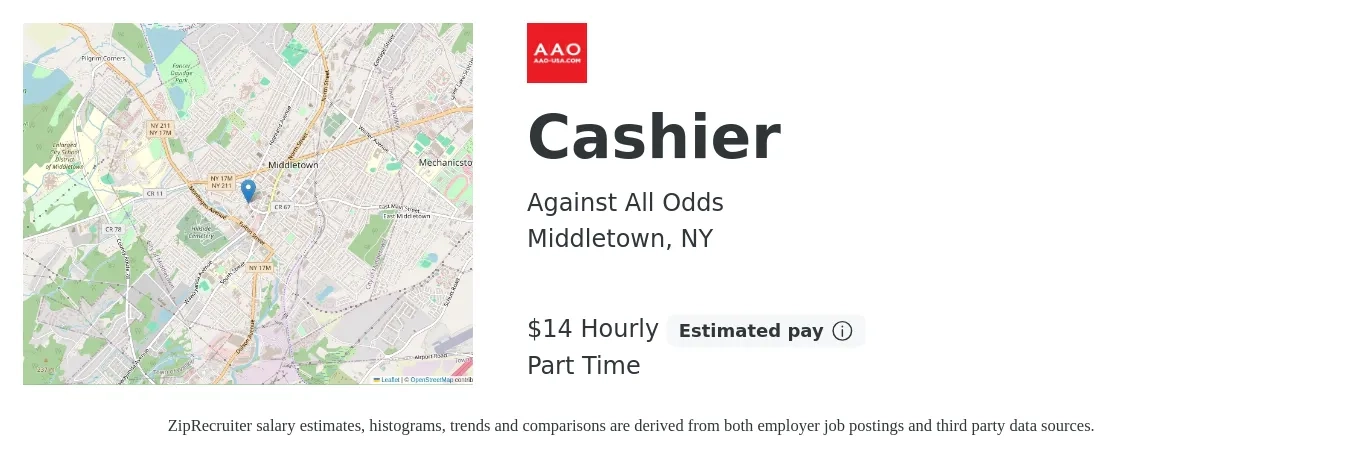 Against All Odds job posting for a Cashier in Middletown, NY with a salary of $15 to $16 Hourly with a map of Middletown location.