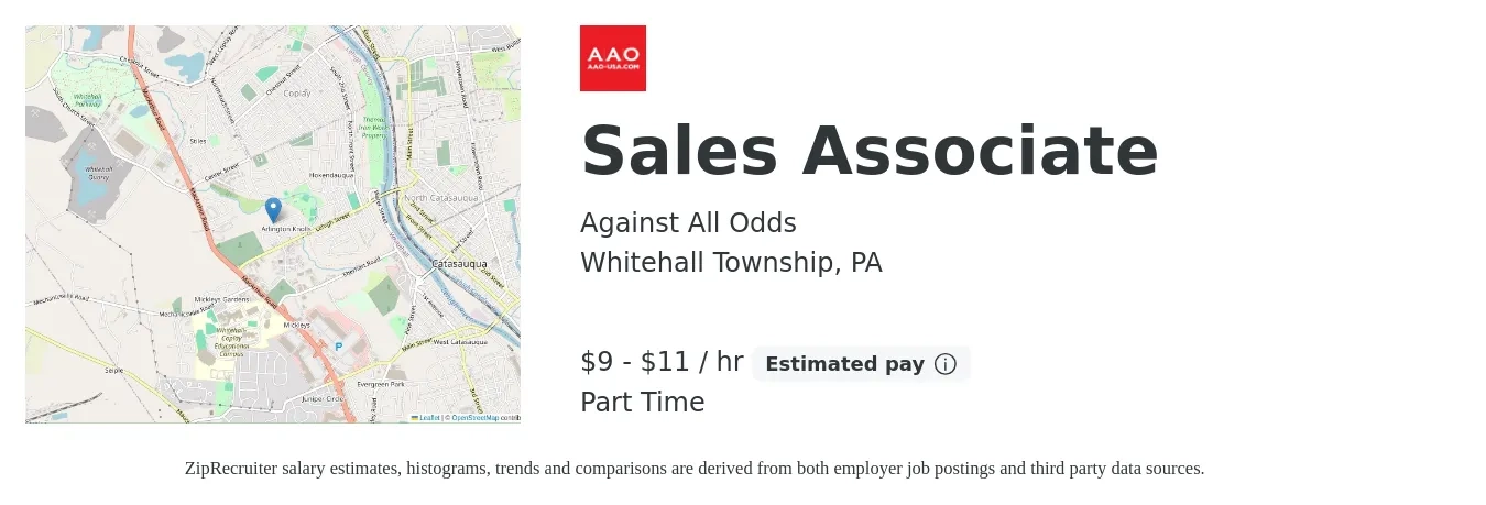 Against All Odds job posting for a Sales Associate in Whitehall Township, PA with a salary of $10 to $12 Hourly with a map of Whitehall Township location.