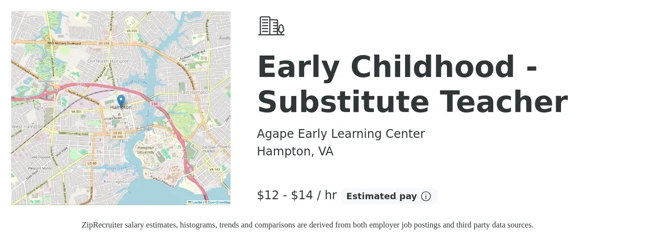 Agape Early Learning Center job posting for a Early Childhood - Substitute Teacher in Hampton, VA with a salary of $14 to $15 Hourly with a map of Hampton location.