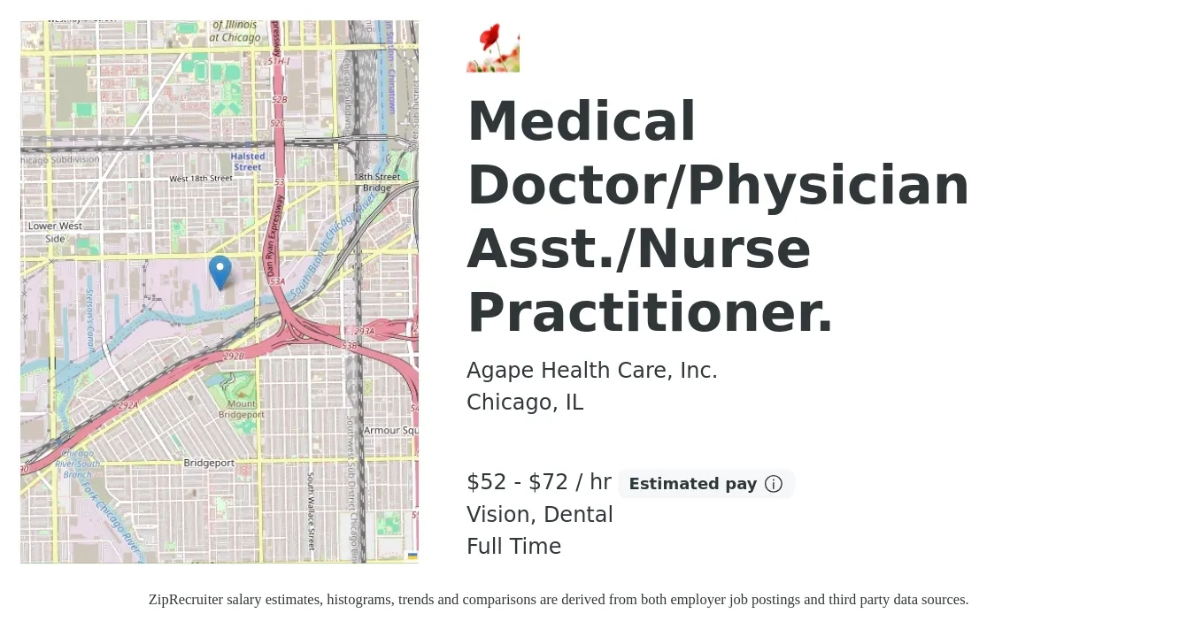 Agape Health Care, Inc. job posting for a Medical Doctor/Physician Asst./Nurse Practitioner. in Chicago, IL with a salary of $55 to $75 Hourly and benefits including life_insurance, vision, and dental with a map of Chicago location.