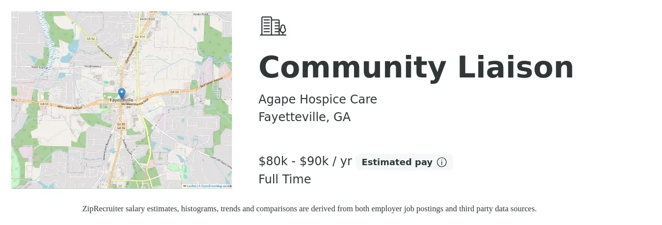 Agape Hospice Care job posting for a Community Liaison in Fayetteville, GA with a salary of $80,000 to $90,000 Yearly with a map of Fayetteville location.