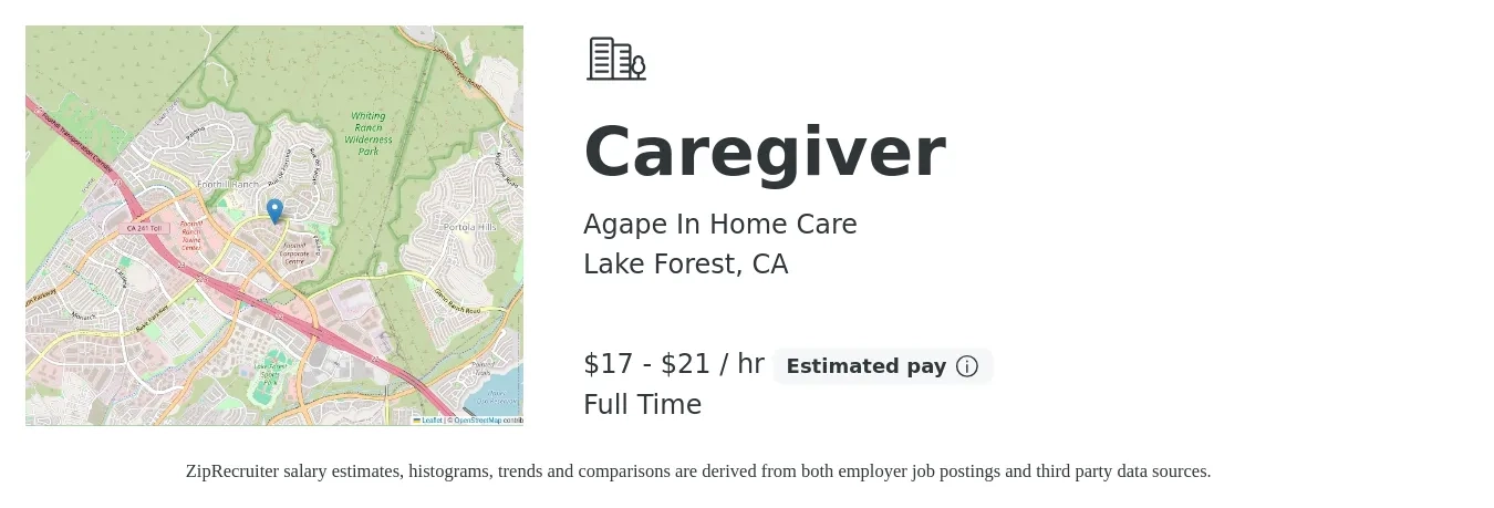 Agape In Home Care job posting for a Caregiver in Lake Forest, CA with a salary of $19 to $22 Hourly with a map of Lake Forest location.
