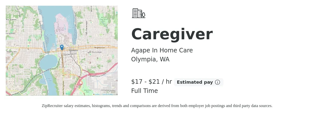 Agape In Home Care job posting for a Caregiver in Olympia, WA with a salary of $19 to $22 Hourly with a map of Olympia location.