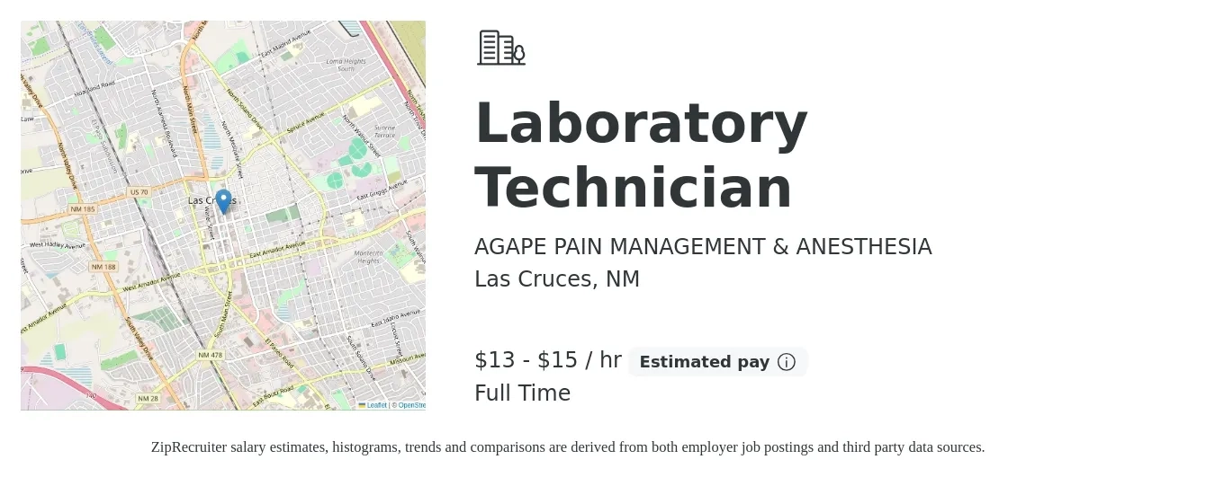 AGAPE PAIN MANAGEMENT & ANESTHESIA job posting for a Laboratory Technician in Las Cruces, NM with a salary of $14 to $16 Hourly with a map of Las Cruces location.