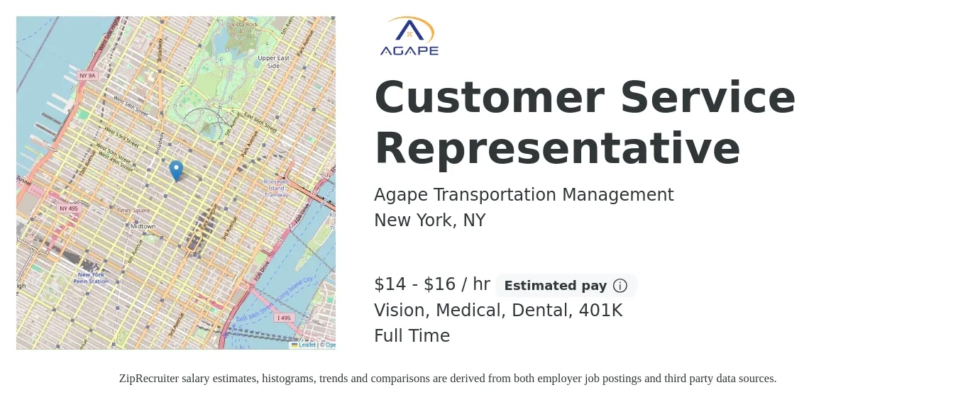 Agape Transportation Management job posting for a Customer Service Representative in New York, NY with a salary of $15 to $17 Hourly and benefits including 401k, dental, medical, and vision with a map of New York location.