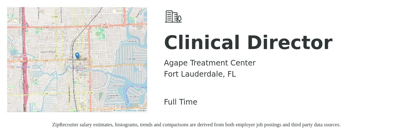 Agape Treatment Center job posting for a Clinical Director in Fort Lauderdale, FL with a salary of $76,200 to $103,800 Yearly with a map of Fort Lauderdale location.