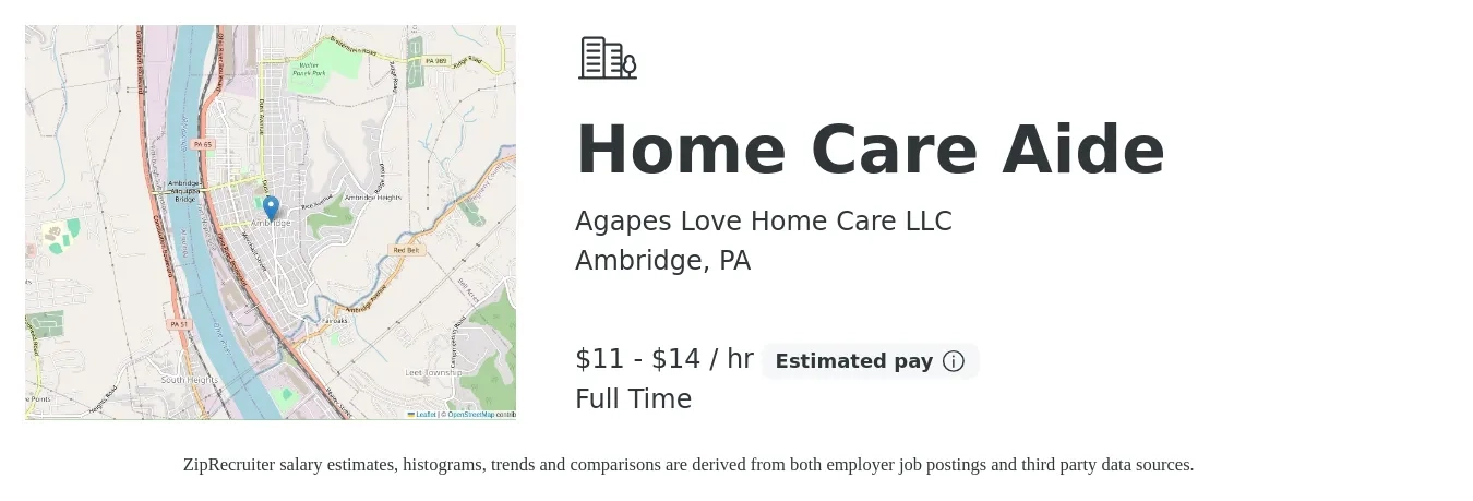 Agapes Love Home Care LLC job posting for a Home Care Aide in Ambridge, PA with a salary of $12 to $15 Hourly with a map of Ambridge location.
