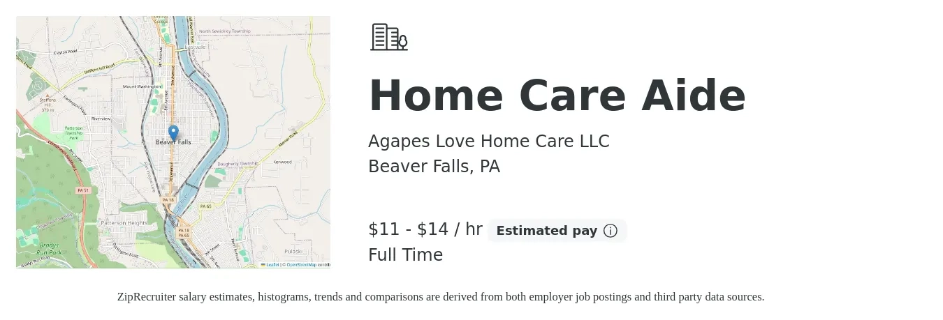 Agapes Love Home Care LLC job posting for a Home Care Aide in Beaver Falls, PA with a salary of $12 to $15 Hourly with a map of Beaver Falls location.