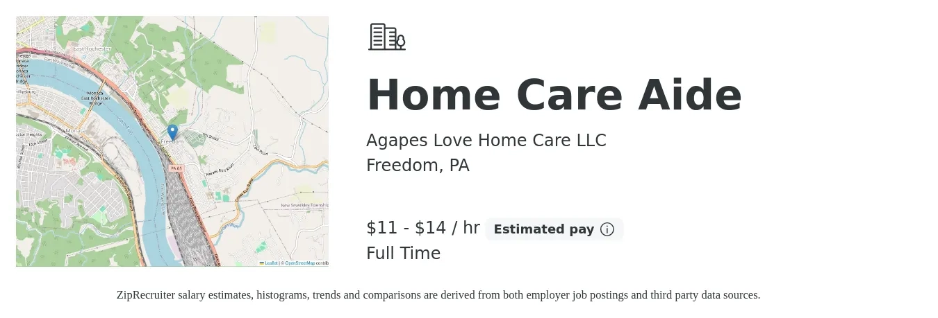 Agapes Love Home Care LLC job posting for a Home Care Aide in Freedom, PA with a salary of $12 to $15 Hourly with a map of Freedom location.