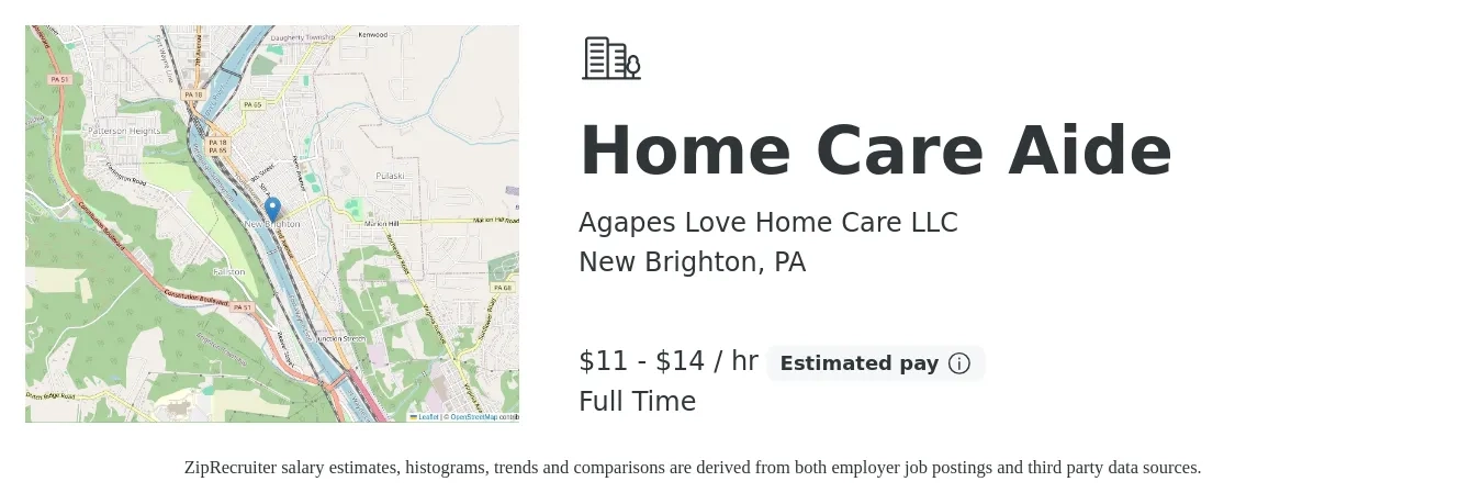 Agapes Love Home Care LLC job posting for a Home Care Aide in New Brighton, PA with a salary of $12 to $15 Hourly with a map of New Brighton location.