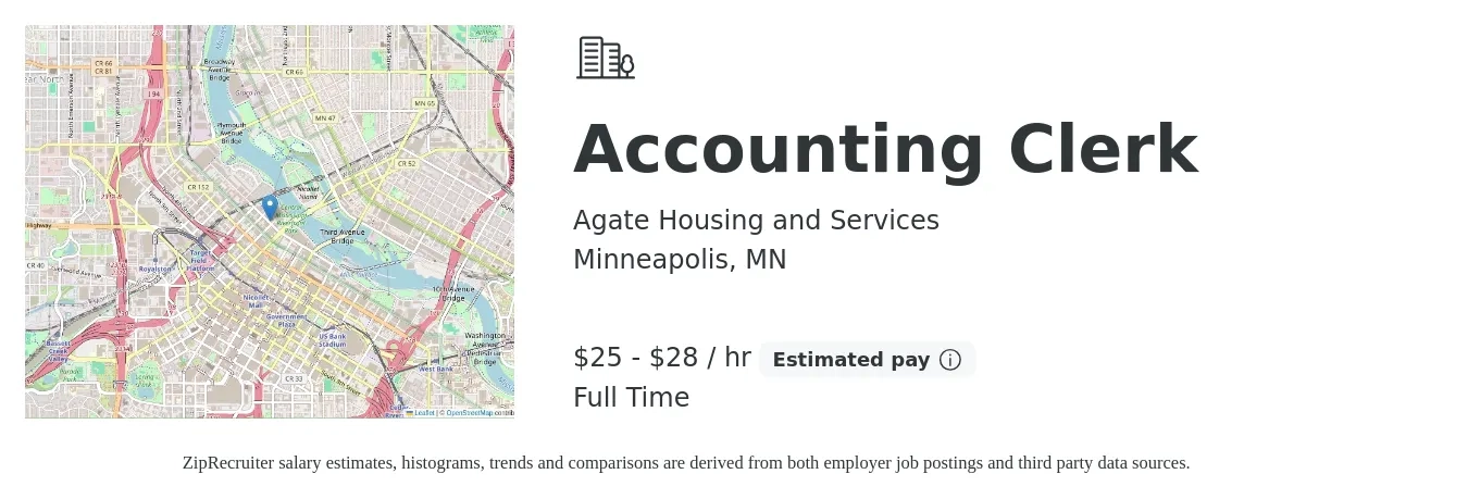 Agate Housing and Services job posting for a Accounting Clerk in Minneapolis, MN with a salary of $24 to $27 Hourly with a map of Minneapolis location.