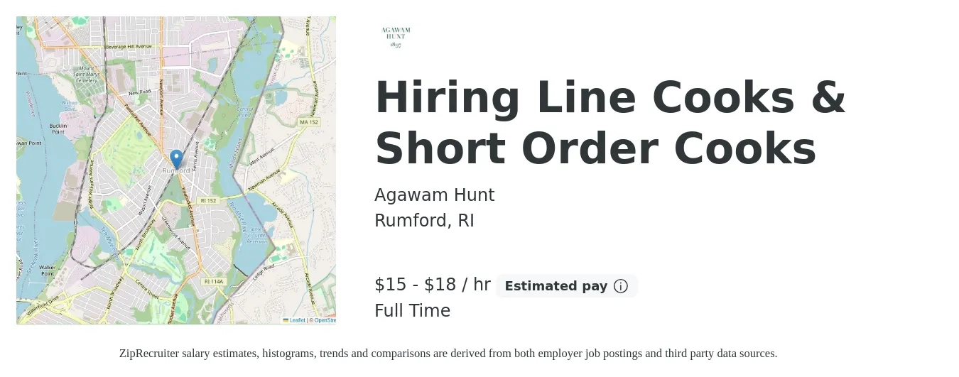 Agawam Hunt job posting for a Hiring Line Cooks & Short Order Cooks in Rumford, RI with a salary of $16 to $21 Hourly with a map of Rumford location.
