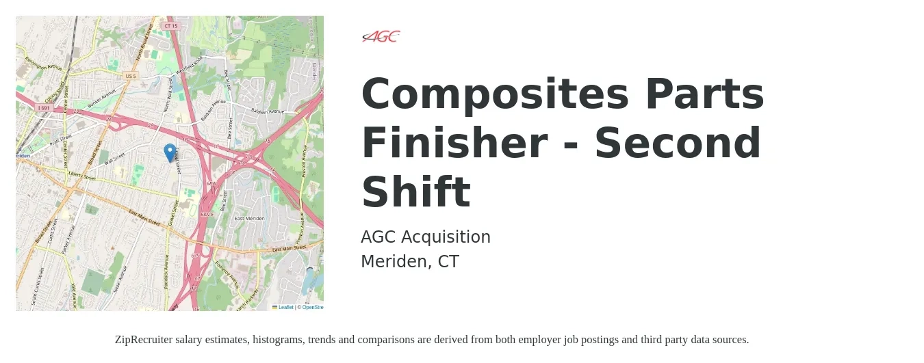 AGC Acquisition job posting for a Composites Parts Finisher - Second Shift in Meriden, CT with a salary of $17 to $24 Hourly with a map of Meriden location.