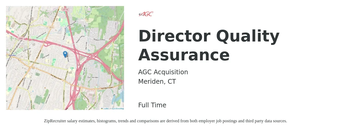 AGC Acquisition job posting for a Director Quality Assurance in Meriden, CT with a salary of $100,900 to $165,600 Yearly with a map of Meriden location.
