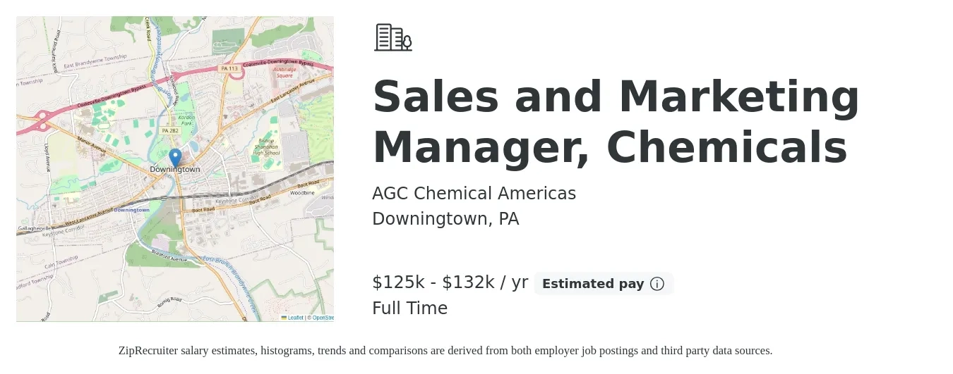 AGC Chemical Americas job posting for a Sales and Marketing Manager, Chemicals in Downingtown, PA with a salary of $125,000 to $132,000 Yearly with a map of Downingtown location.