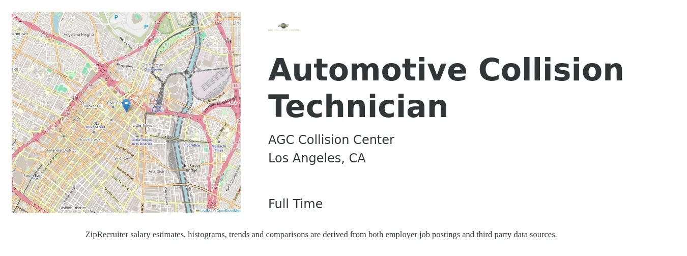 AGC Collision Center job posting for a Automotive Collision Technician in Los Angeles, CA with a salary of $22 to $36 Hourly with a map of Los Angeles location.