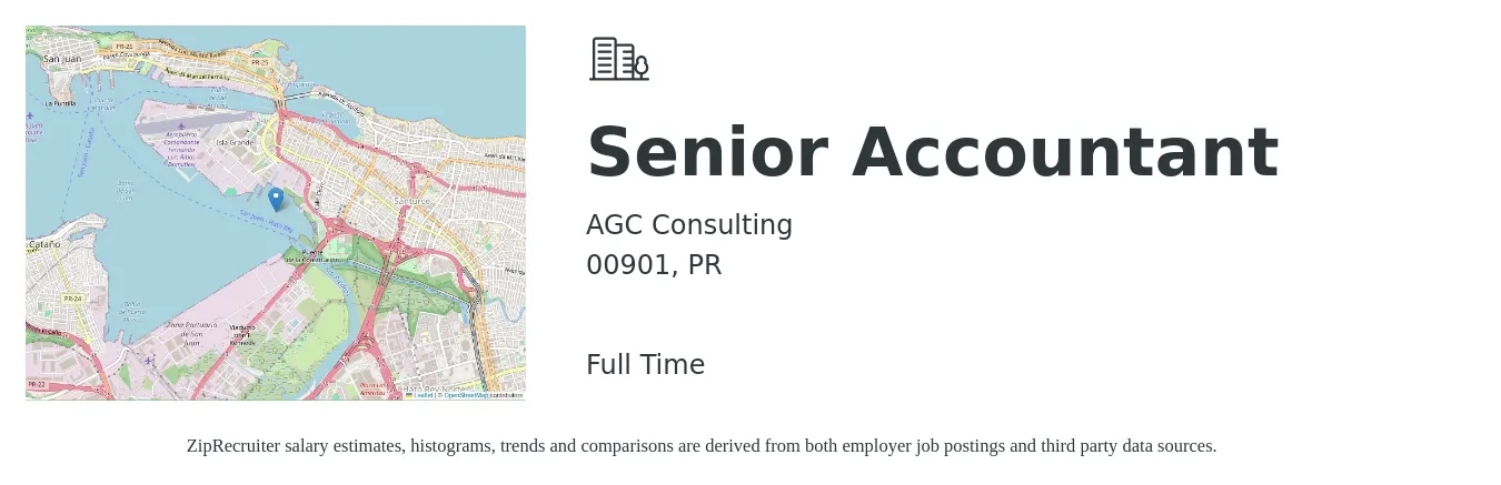 AGC Consulting job posting for a Senior Accountant in 00901, PR with a salary of $71,600 to $90,000 Yearly with a map of 00901 location.