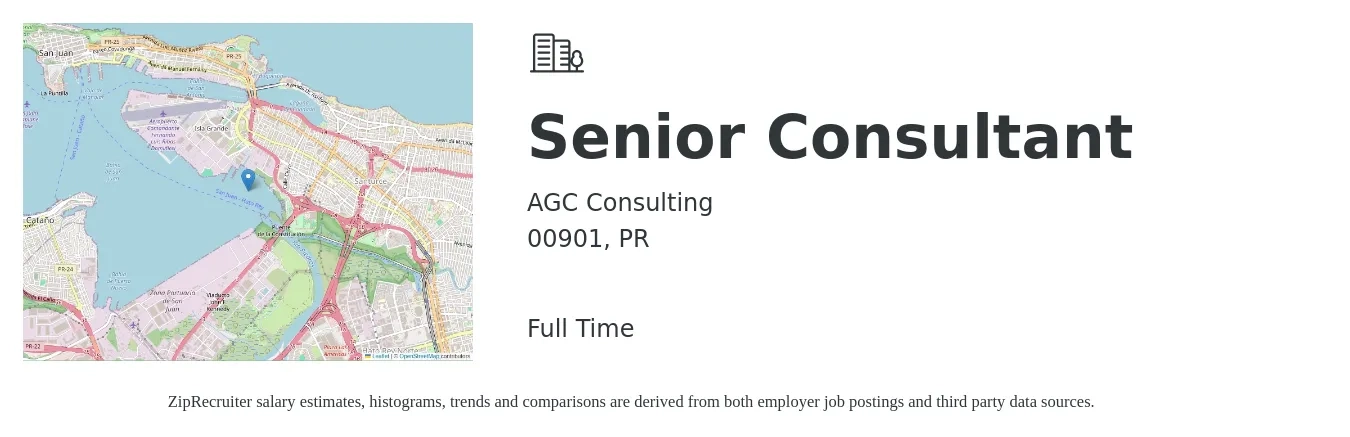 AGC Consulting job posting for a Senior Consultant in 00901, PR with a salary of $84,700 to $133,600 Yearly with a map of 00901 location.