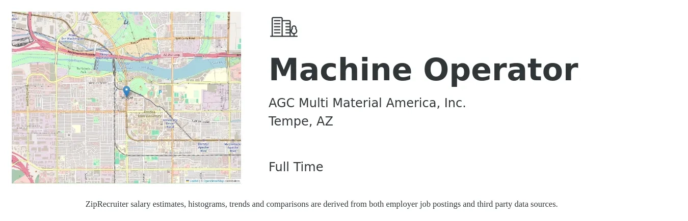 AGC Multi Material America, Inc. job posting for a Machine Operator in Tempe, AZ with a salary of $20 Hourly with a map of Tempe location.