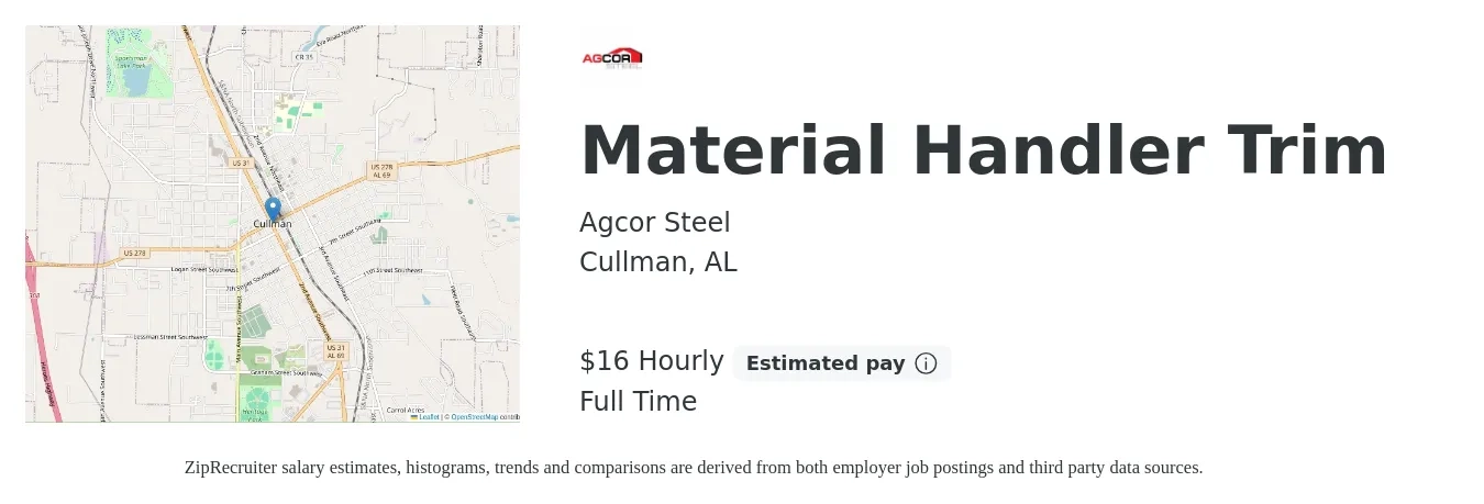 Agcor Steel job posting for a Material Handler Trim in Cullman, AL with a salary of $17 Hourly with a map of Cullman location.