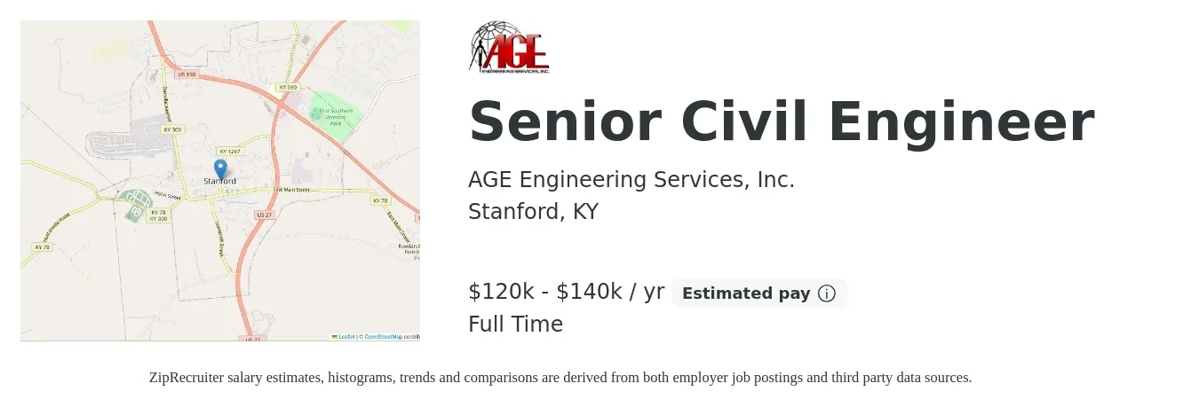 AGE Engineering Services, Inc. job posting for a Senior Civil Engineer in Stanford, KY with a salary of $120,000 to $140,000 Yearly and benefits including pto, and retirement with a map of Stanford location.