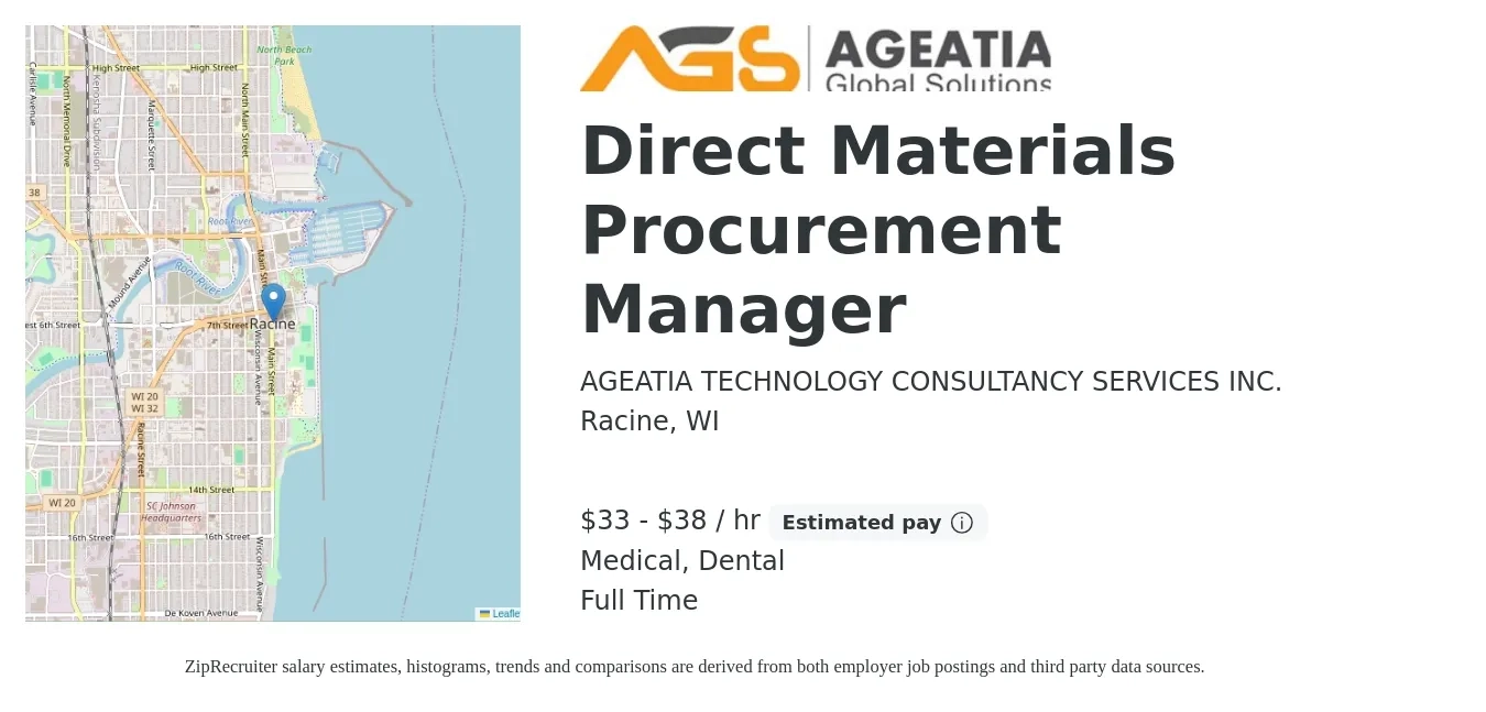 AGEATIA TECHNOLOGY CONSULTANCY SERVICES INC. job posting for a Direct Materials Procurement Manager in Racine, WI with a salary of $35 to $40 Hourly and benefits including medical, retirement, and dental with a map of Racine location.