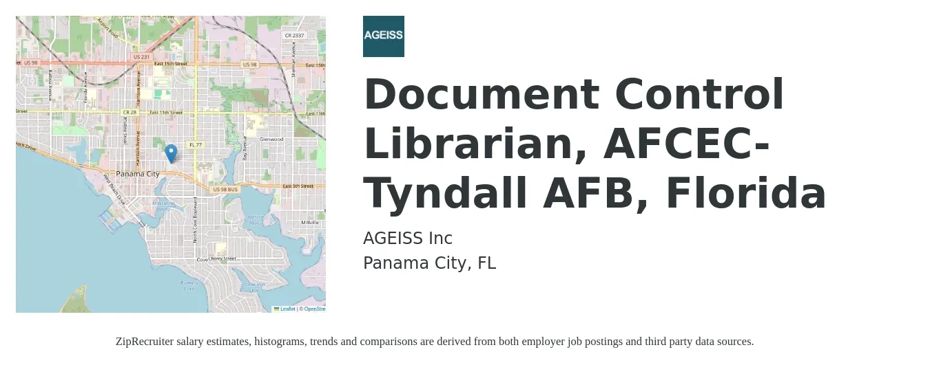 AGEISS Inc job posting for a Document Control Librarian, AFCEC-Tyndall AFB, Florida in Panama City, FL with a salary of $44,900 to $65,400 Yearly with a map of Panama City location.