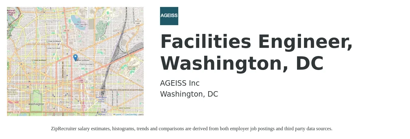 AGEISS Inc job posting for a Facilities Engineer, Washington, DC in Washington, DC with a salary of $82,100 to $120,100 Yearly with a map of Washington location.