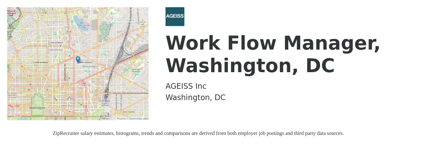 AGEISS Inc job posting for a Workflow Manager, Washington, DC in Washington, DC with a salary of $63,400 to $111,000 Yearly with a map of Washington location.