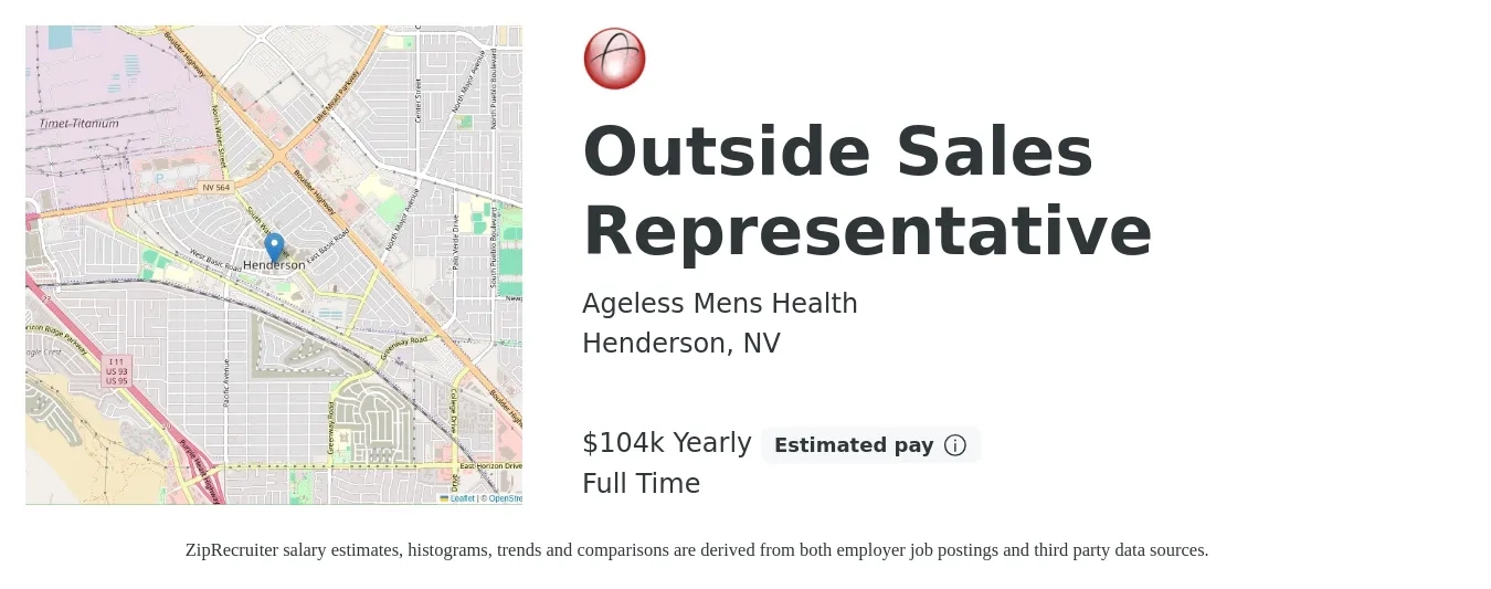 Ageless Mens Health job posting for a Outside Sales Representative in Henderson, NV with a salary of $60,000 to $104,000 Yearly with a map of Henderson location.