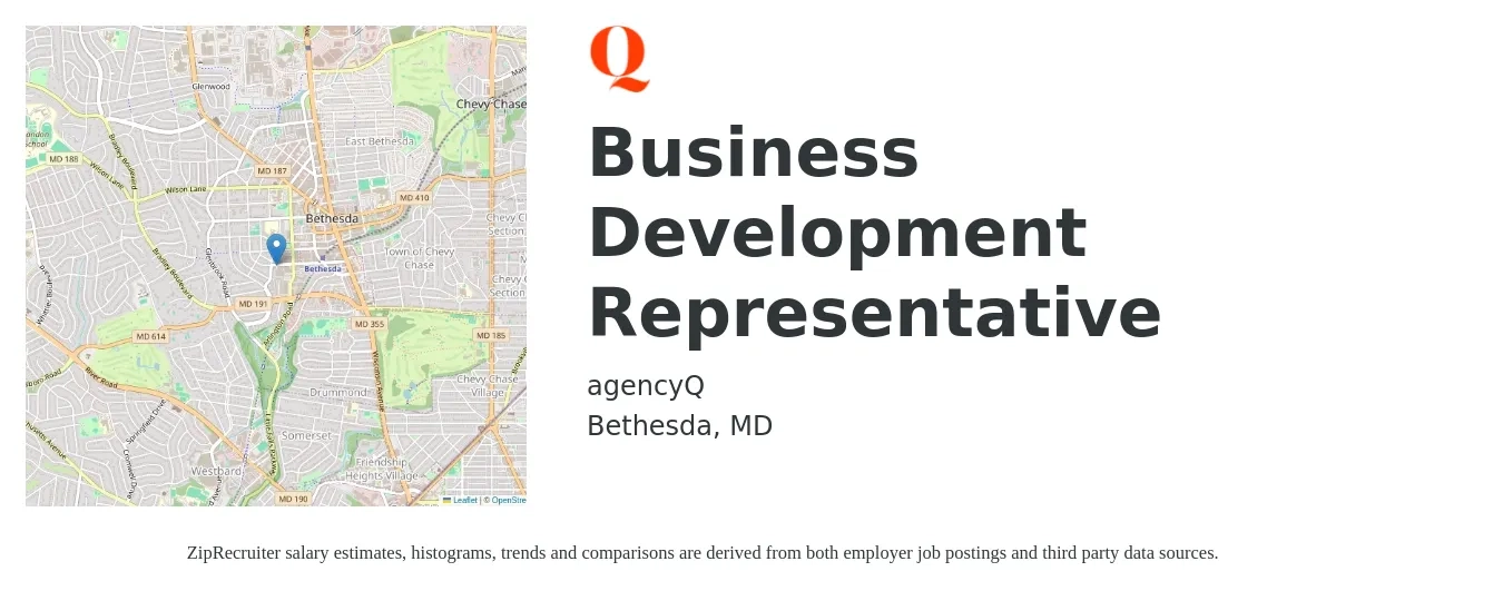 agencyQ job posting for a Business Development Representative in Bethesda, MD with a salary of $48,000 to $74,700 Yearly with a map of Bethesda location.