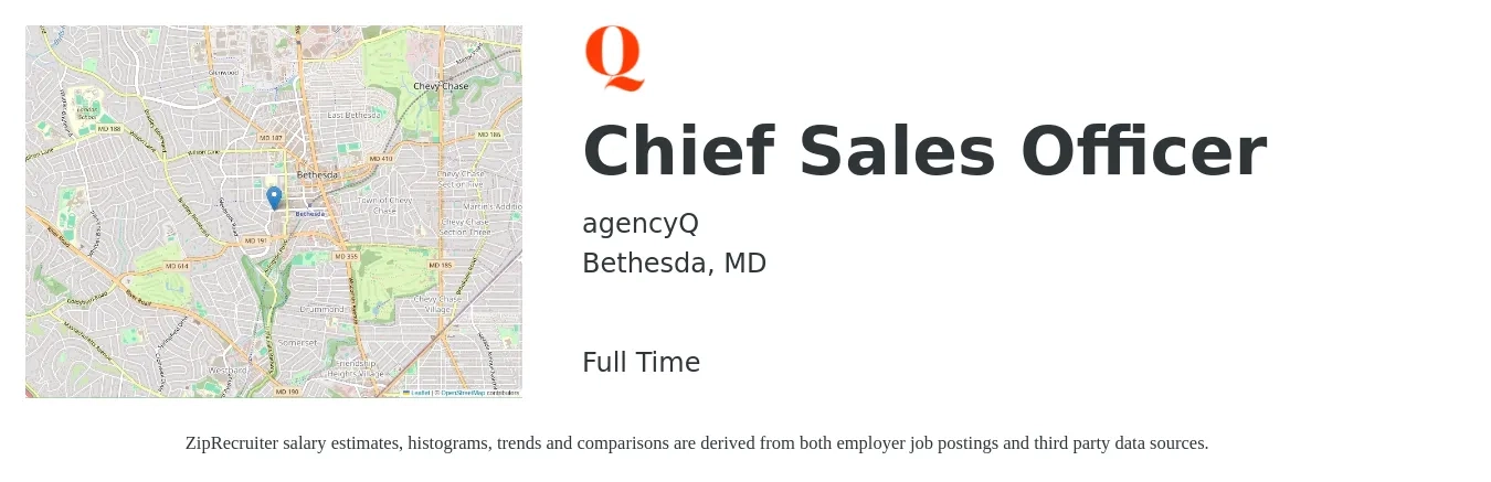 agencyQ job posting for a Chief Sales Officer in Bethesda, MD with a salary of $130,200 to $173,400 Yearly with a map of Bethesda location.