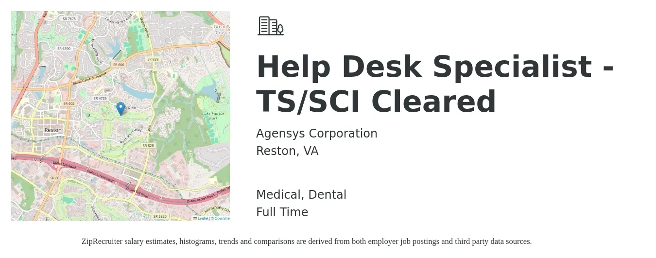 Agensys Corporation job posting for a Help Desk Specialist - TS/SCI Cleared in Reston, VA with a salary of $22 to $31 Hourly and benefits including medical, and dental with a map of Reston location.