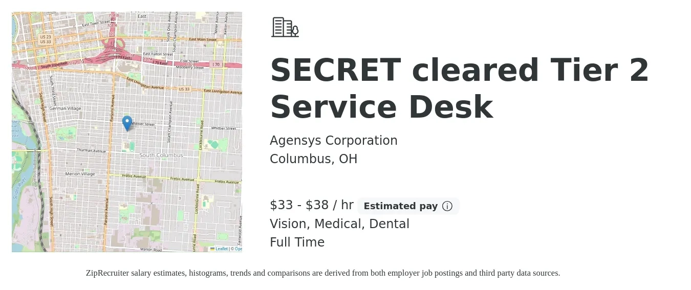Agensys Corporation job posting for a SECRET cleared Tier 2 Service Desk in Columbus, OH with a salary of $35 to $40 Hourly and benefits including vision, dental, and medical with a map of Columbus location.