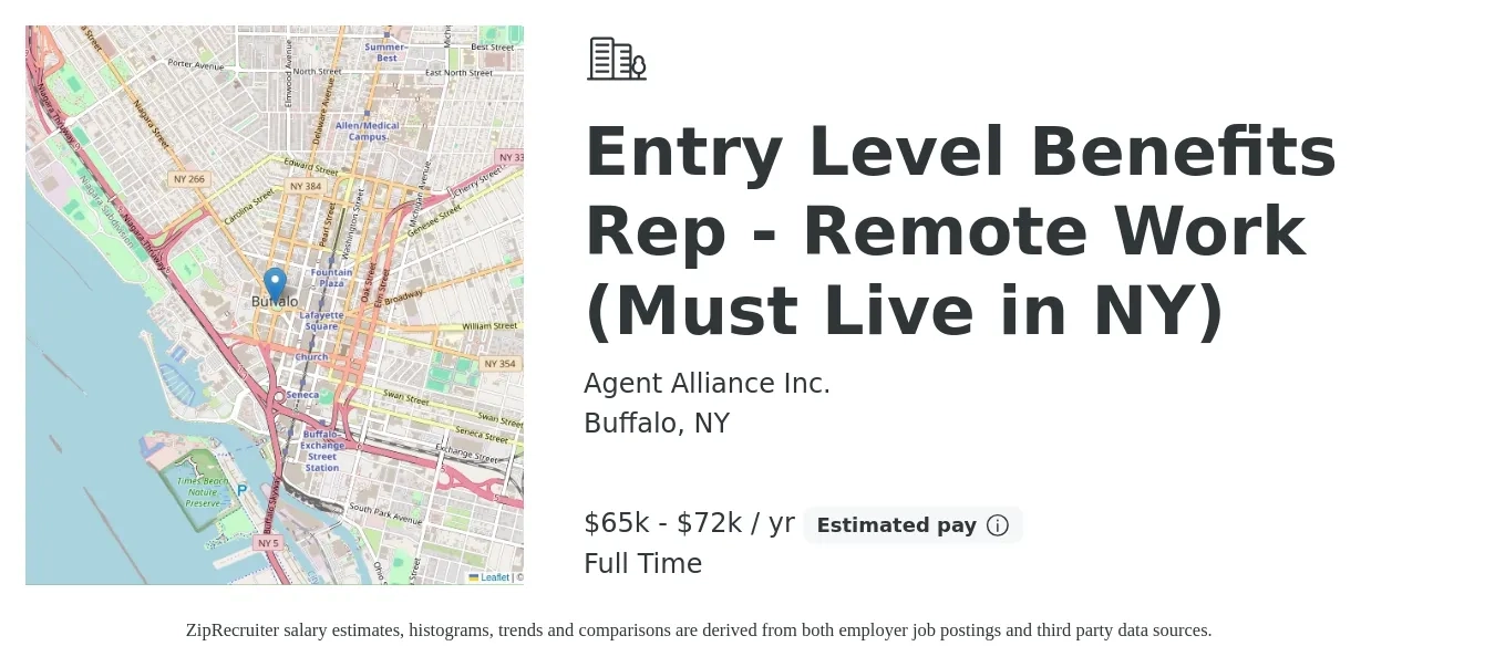 Agent Alliance Inc. job posting for a Entry Level Benefits Rep - Remote Work (Must Live in NY) in Buffalo, NY with a salary of $65,000 to $72,000 Yearly with a map of Buffalo location.