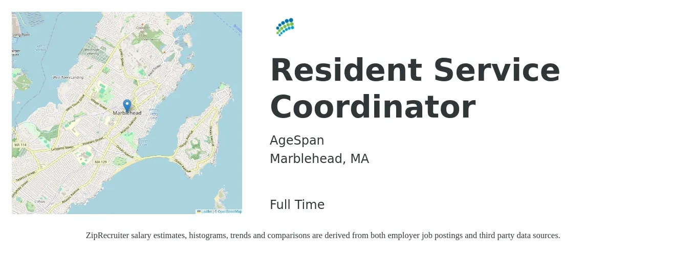 AgeSpan job posting for a Resident Service Coordinator in Marblehead, MA with a salary of $22 to $28 Hourly with a map of Marblehead location.