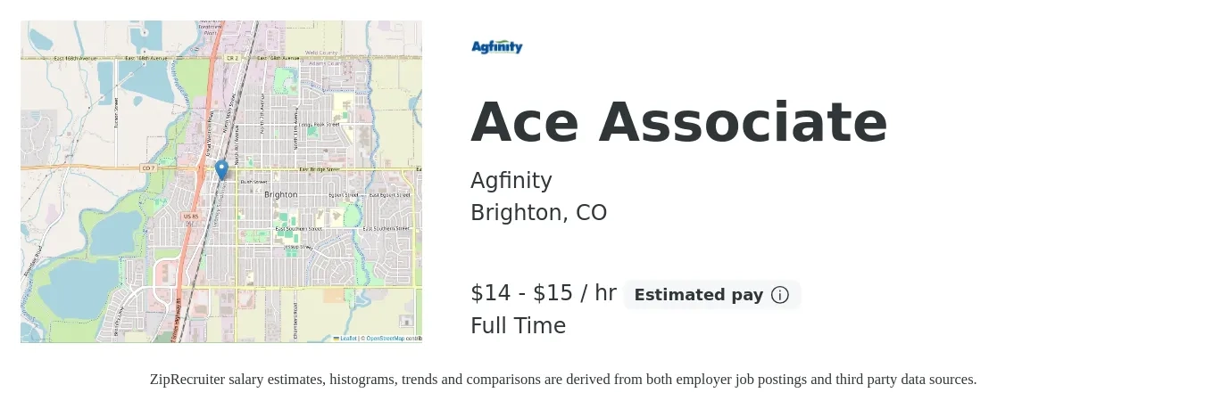 Agfinity job posting for a Ace Associate in Brighton, CO with a salary of $15 to $16 Hourly with a map of Brighton location.