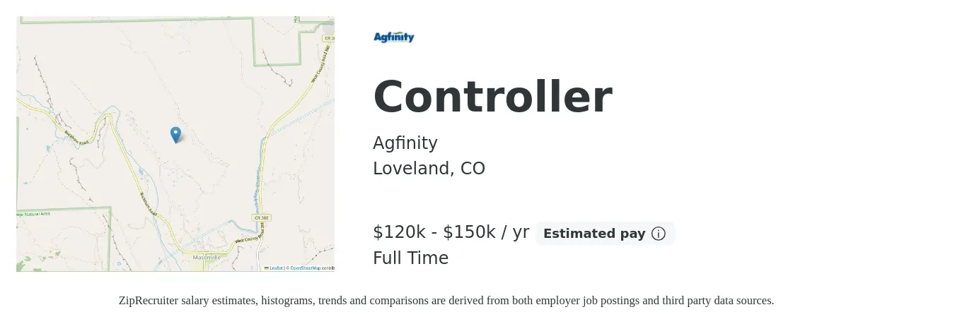 Agfinity job posting for a Controller in Loveland, CO with a salary of $120,000 to $150,000 Yearly with a map of Loveland location.