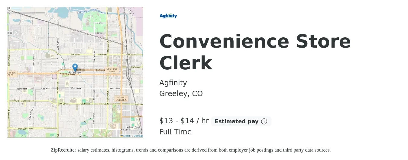 Agfinity job posting for a Convenience Store Clerk in Greeley, CO with a salary of $14 to $16 Hourly with a map of Greeley location.