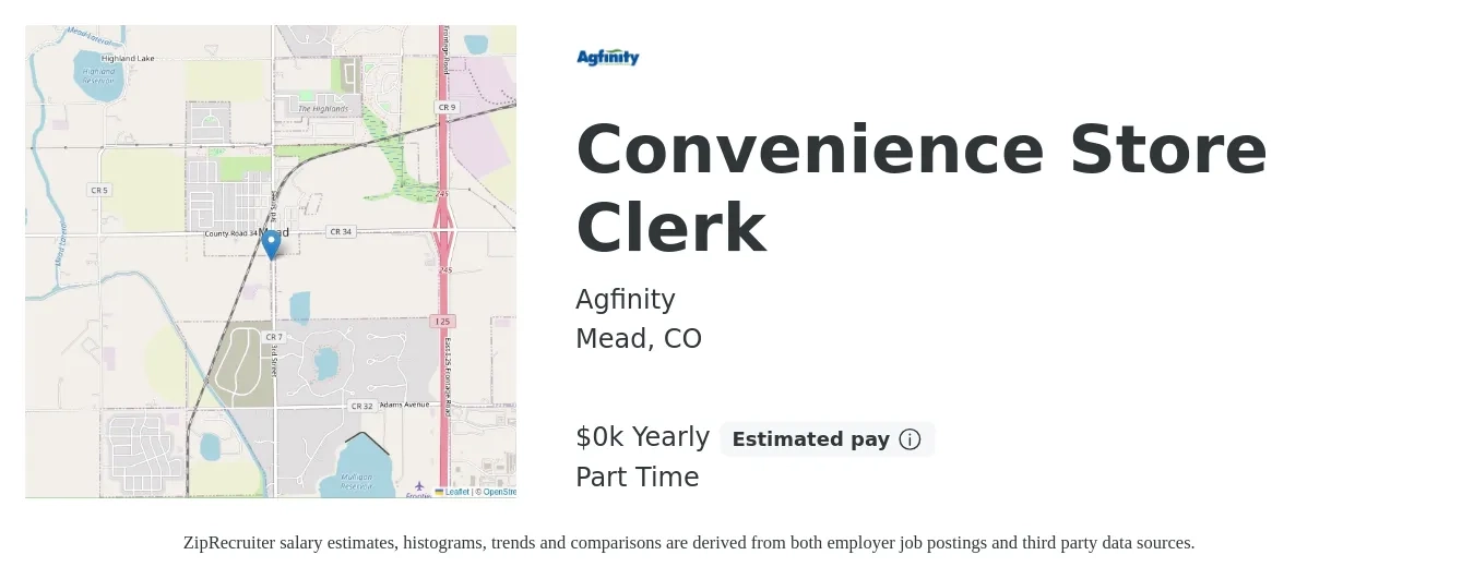 Agfinity job posting for a Convenience Store Clerk in Mead, CO with a salary of $16 to $16 Yearly with a map of Mead location.
