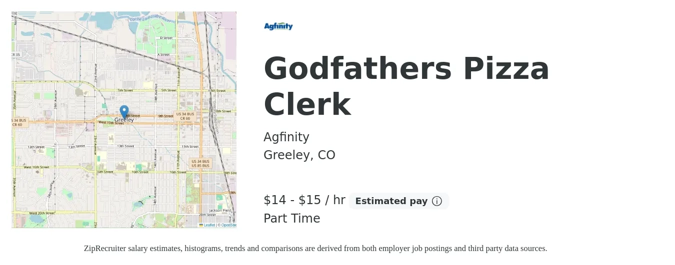 Agfinity job posting for a Godfathers Pizza Clerk in Greeley, CO with a salary of $15 to $16 Hourly with a map of Greeley location.
