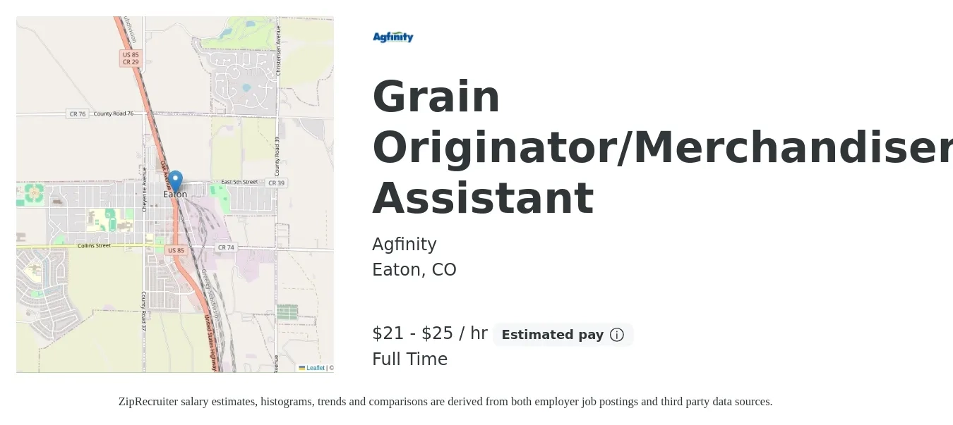 Agfinity job posting for a Grain Originator/Merchandiser Assistant in Eaton, CO with a salary of $22 to $26 Hourly with a map of Eaton location.