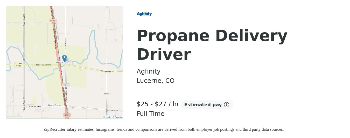 Agfinity job posting for a Propane Delivery Driver in Lucerne, CO with a salary of $27 to $29 Hourly with a map of Lucerne location.