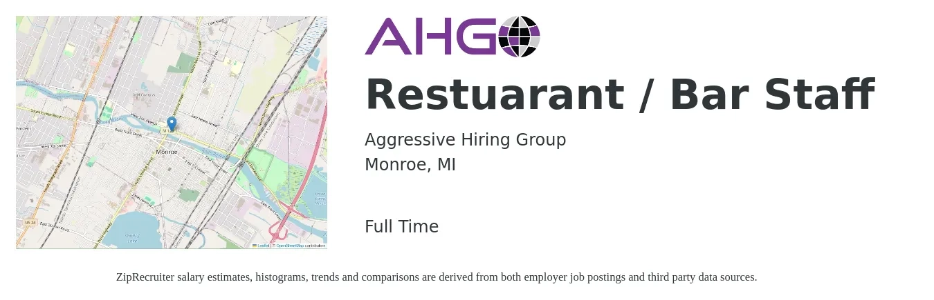 Aggressive Hiring Group job posting for a Restuarant / Bar Staff in Monroe, MI with a salary of $12 to $16 Hourly with a map of Monroe location.