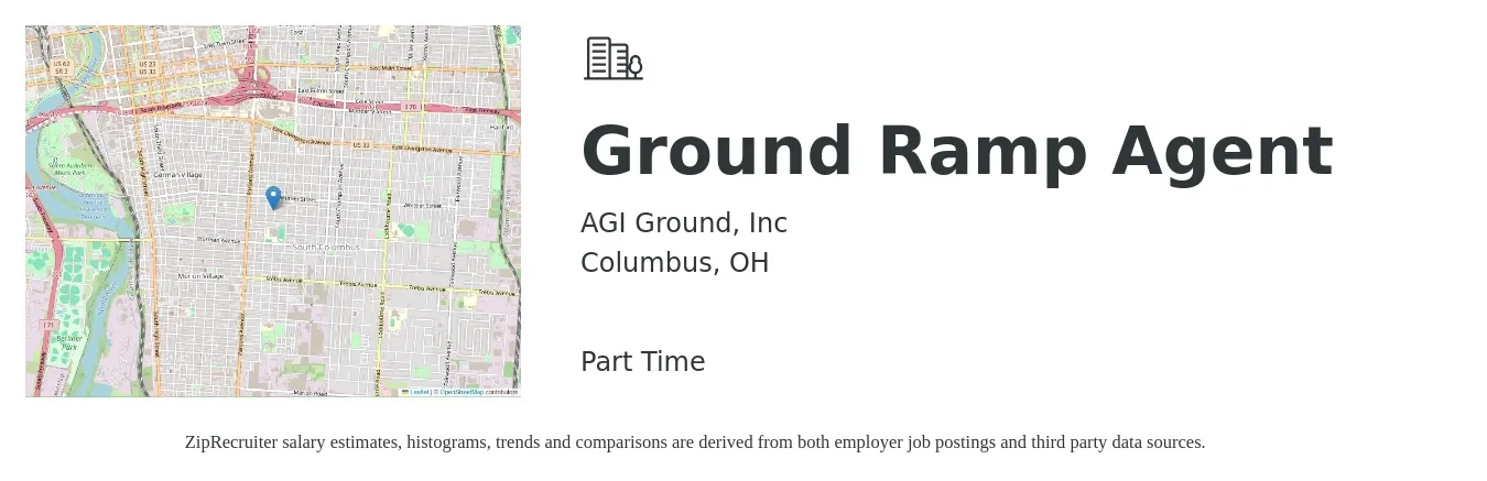 AGI Ground, Inc job posting for a Ground Ramp Agent in Columbus, OH with a salary of $15 to $18 Hourly with a map of Columbus location.