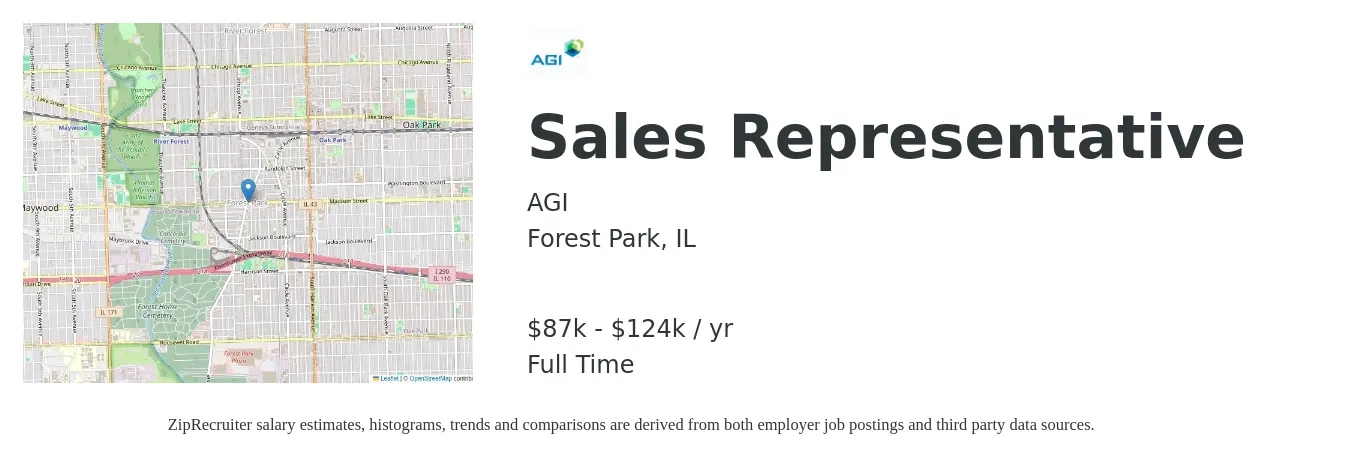 AGI job posting for a Sales Representative in Forest Park, IL with a salary of $87,000 to $124,000 Yearly with a map of Forest Park location.
