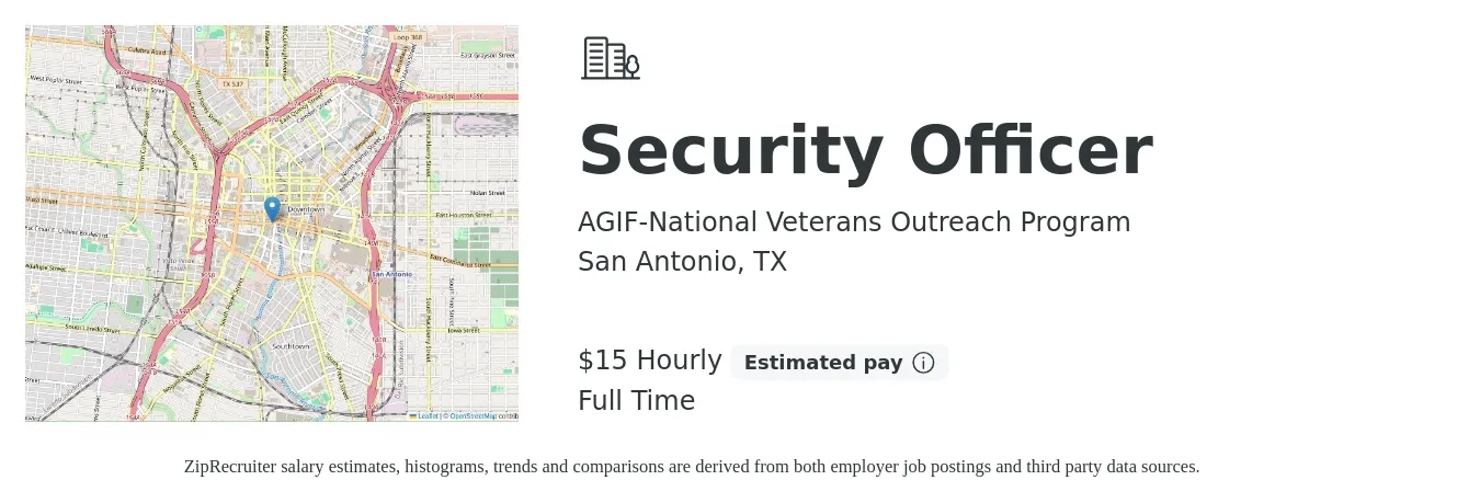 AGIF-National Veterans Outreach Program job posting for a Security Officer in San Antonio, TX with a salary of $16 Hourly with a map of San Antonio location.