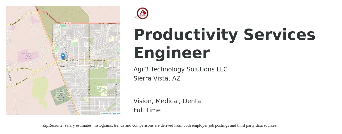 Agil3 Technology Solutions LLC job posting for a Productivity Services Engineer in Sierra Vista, AZ with a salary of $80,700 to $112,000 Yearly and benefits including medical, pto, retirement, vision, dental, and life_insurance with a map of Sierra Vista location.