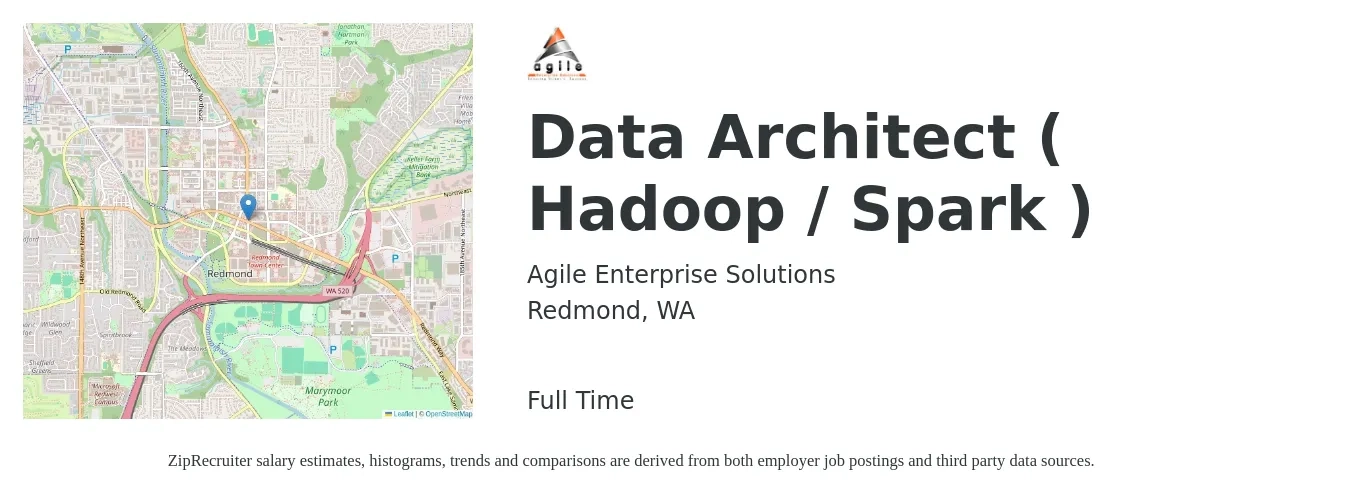 Agile Enterprise Solutions job posting for a Data Architect ( Hadoop / Spark ) in Redmond, WA with a salary of $840 Weekly with a map of Redmond location.